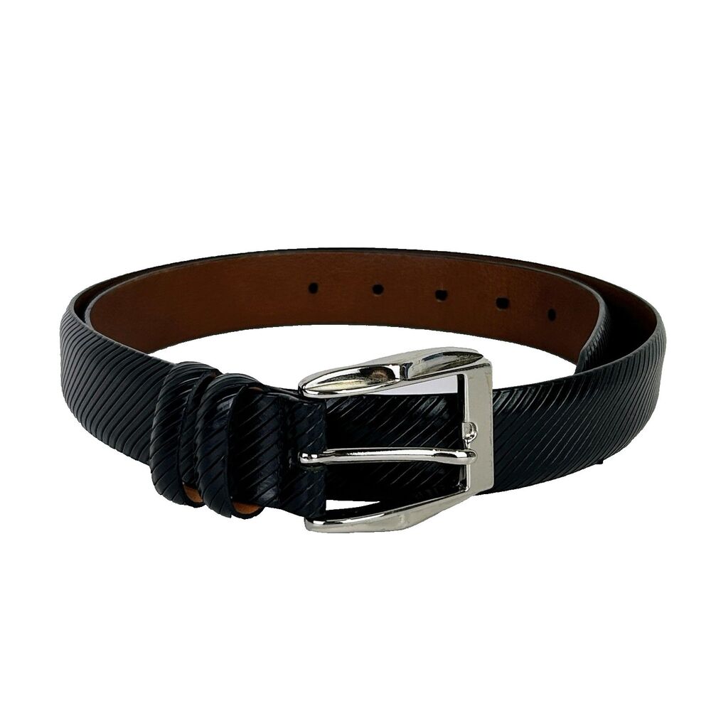 Johnston & Murphy Black Raised Stripe Calf Leather Belt Silver Buckle Men's 36